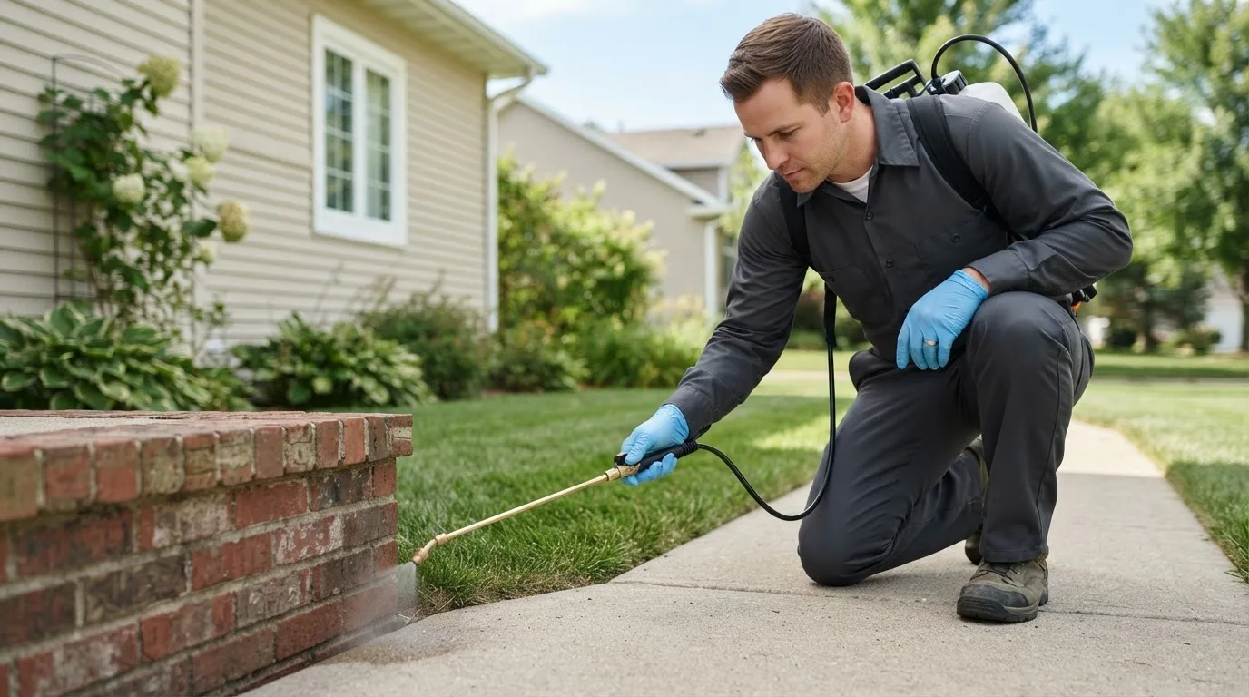 Pest control technician treating a home near Heath, OH