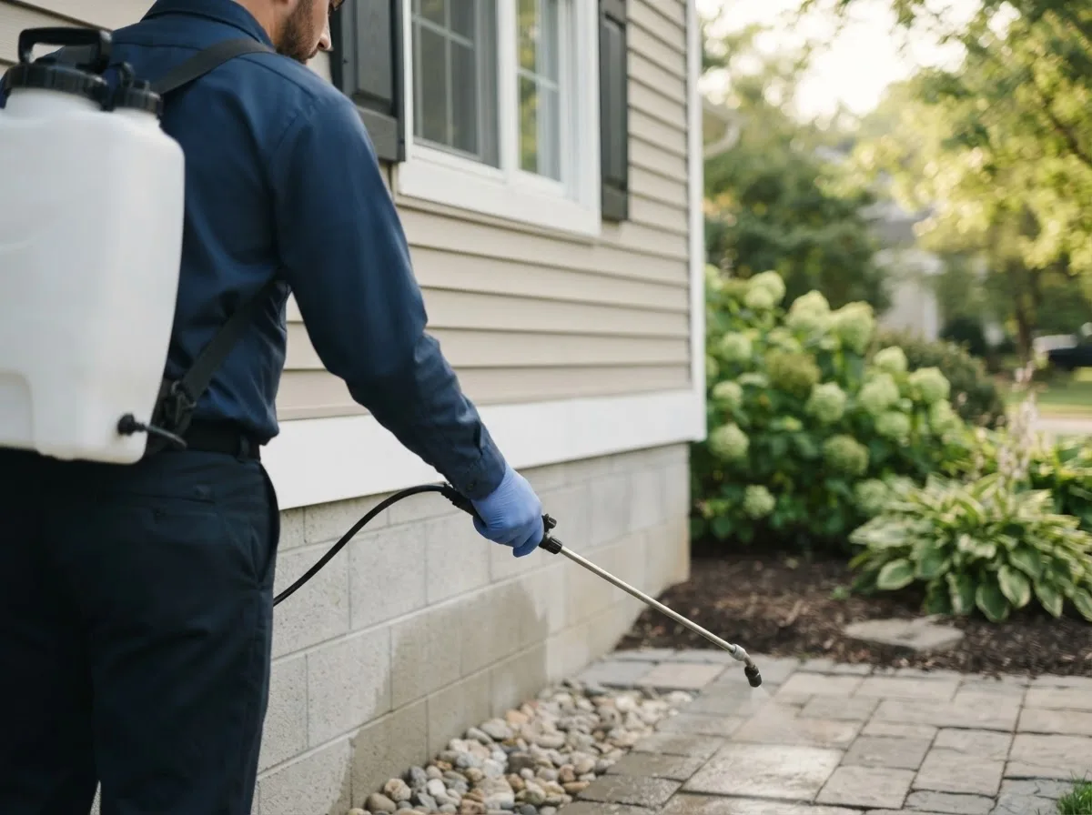 Pest control technician inspecting a home in Heath, OH